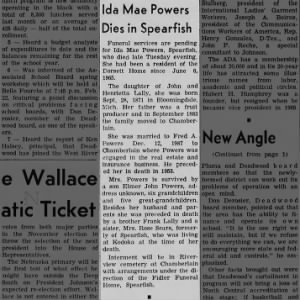 Ida Mae (Lally) Powers, obituary. Lead Daily Call, Wed. Feb 14, 1968, pg. 6