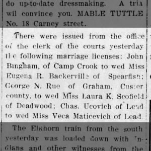 1902 Sep 4 - Marriage license John Bingham and Eugena R. Backerville of Spearfish (Emma Baskerville)